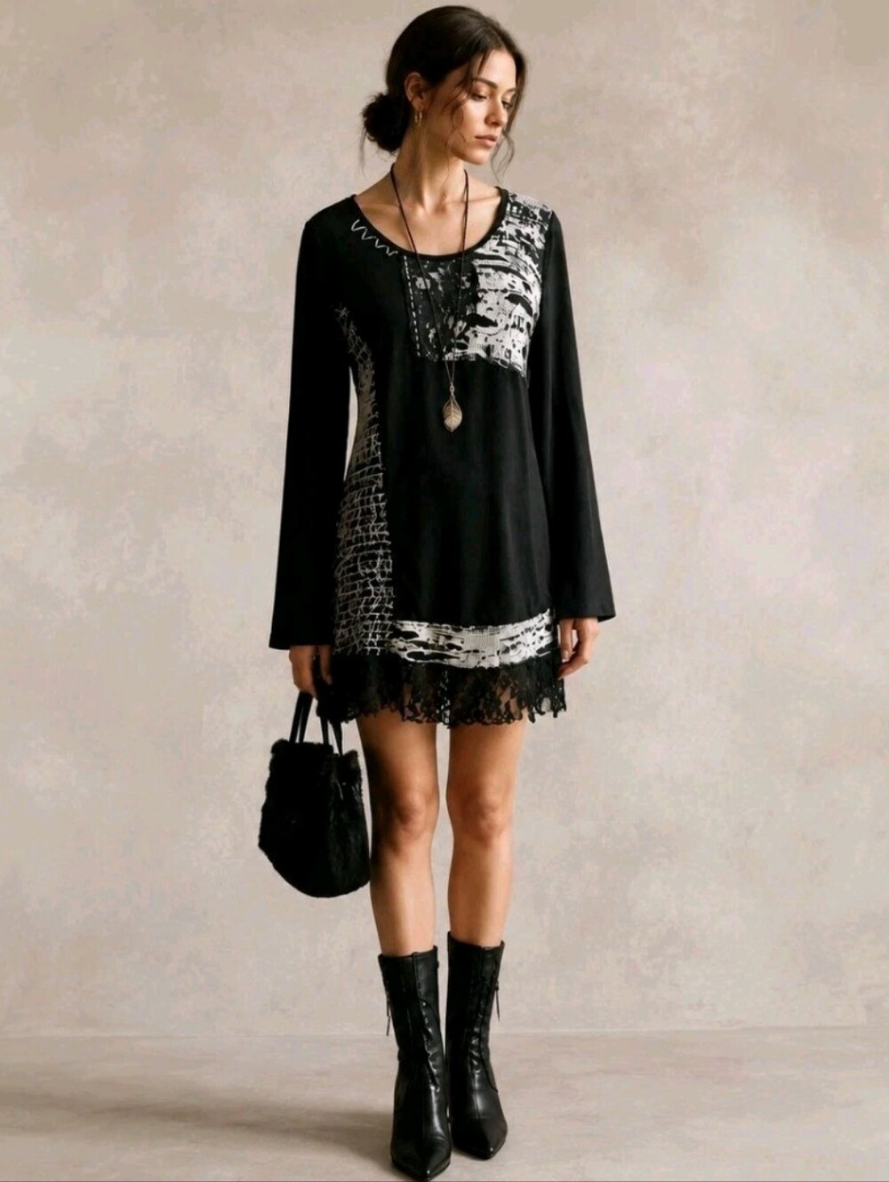 Vintage 90s Black Patchwork Sweater Dress Size Large Lace Trim Boho Stretch Y2K